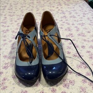 John Fluevog Navy and Light Blue Patent Mary Jane Heels